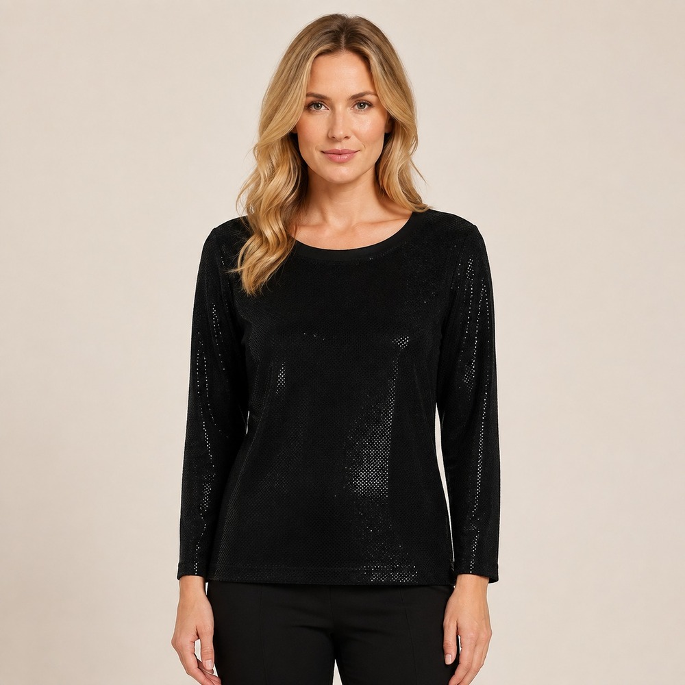 St John Caviar Blouse Shimmer Bling Short Sleeve Blouse Luxury Black Size Medium